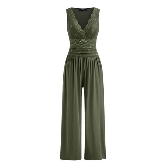 Cider Jersey V-Neck Lace Bowknot Ruched Wide Leg Green Jumpsuit Size 10 - Picture 1 of 12